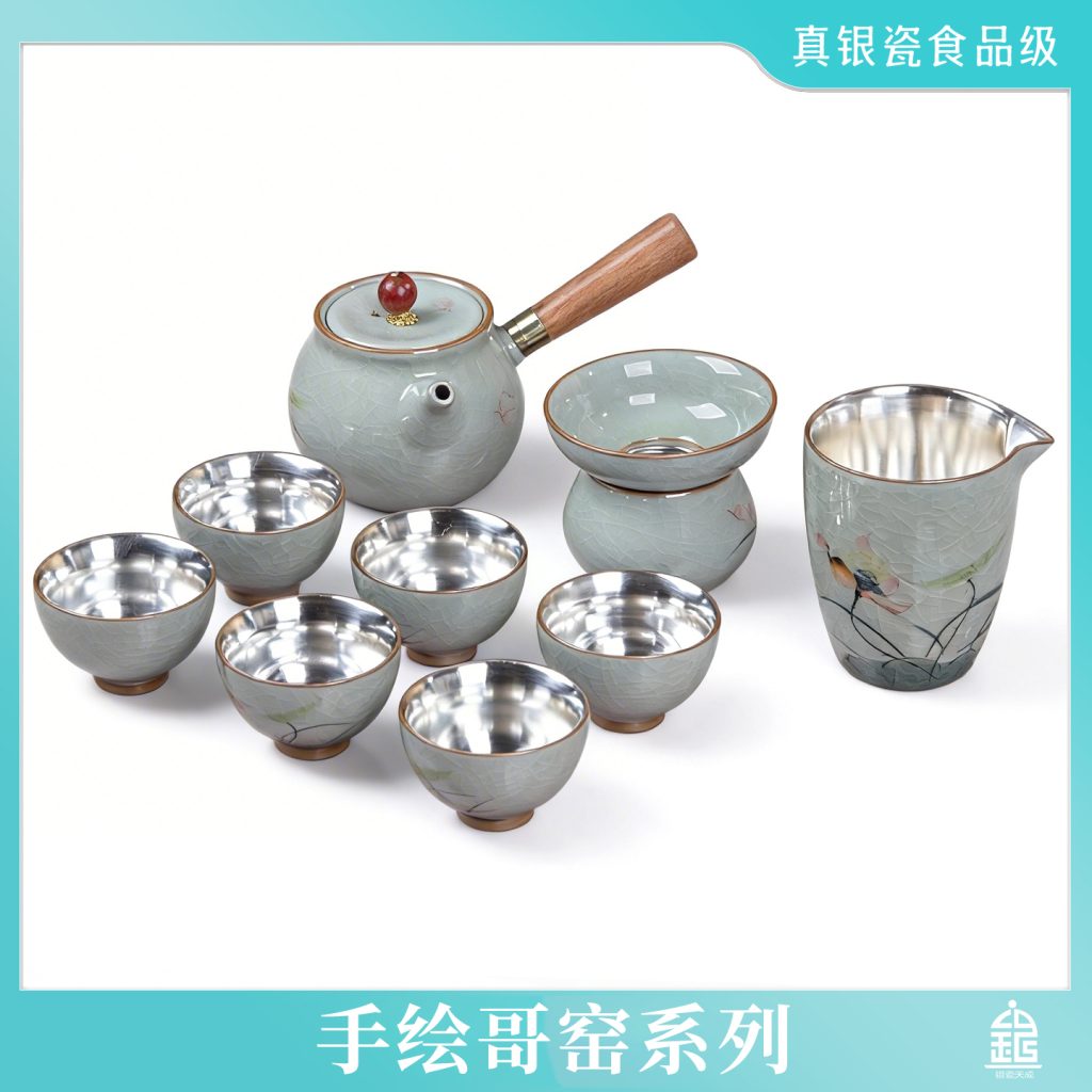 手绘荷韵侧把壶,手绘荷韵盖碗,手绘柿子侧把壶,手绘柿子盖碗,食品级真银瓷,茶叶罐,银瓷,银瓷天成,银瓷餐具,银瓷酒具,银瓷茶具,金银泰,擦银布,银器清洁棉,国瓷,永丰源