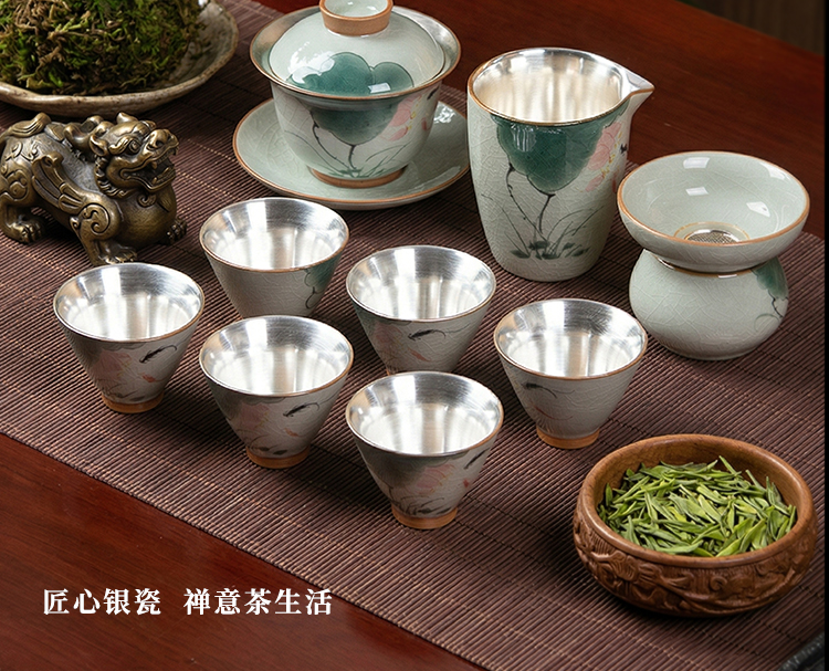 手绘荷韵侧把壶,手绘荷韵盖碗,手绘柿子侧把壶,手绘柿子盖碗,食品级真银瓷,茶叶罐,银瓷,银瓷天成,银瓷餐具,银瓷酒具,银瓷茶具,金银泰,擦银布,银器清洁棉,国瓷,永丰源